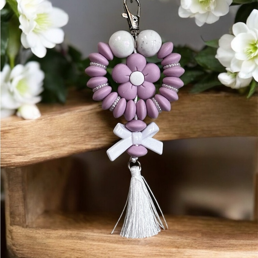 Purple Heart Flower Keychain with White Tassel